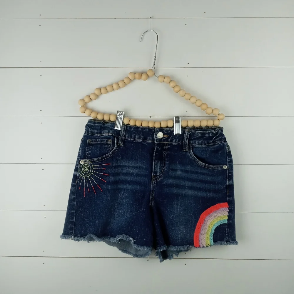 Cat & Jack girls size 14-16 dark wash denim jean shorts with fringe rainbow
